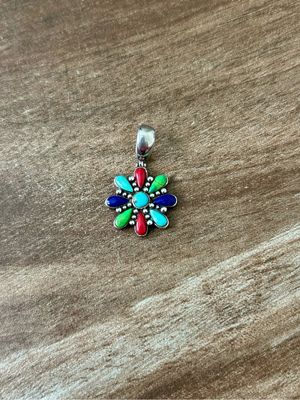 Cute Sterling Silver & Turquoise Coral Lapis Flower Pendant Vintage!